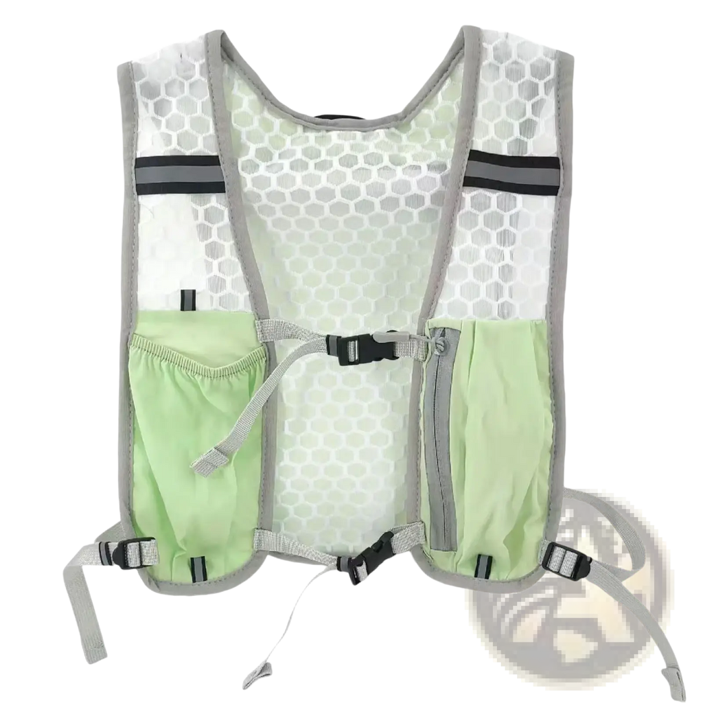 Light green and gray mesh reflective hydration running vest for women and men with reflective stripes