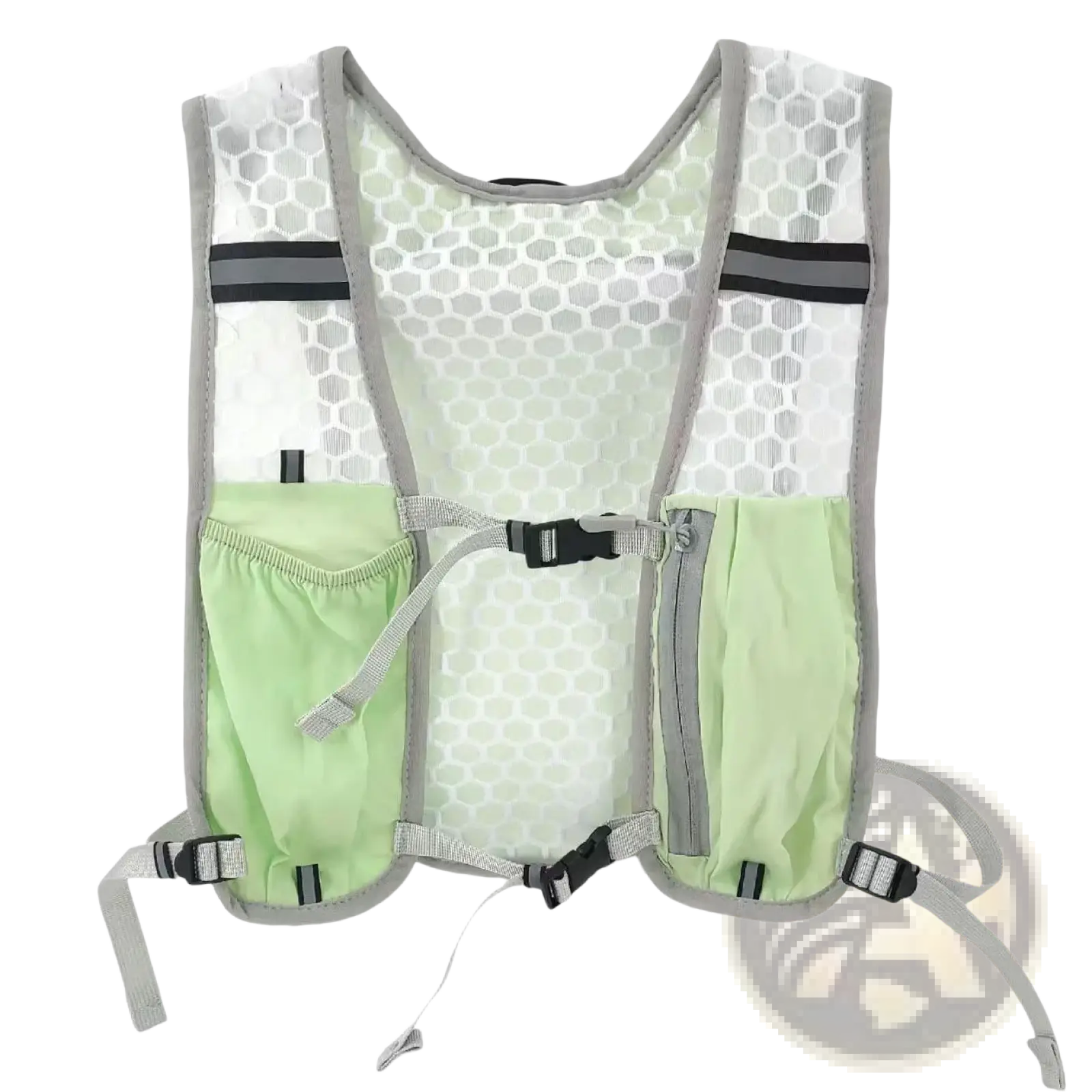 Light green and gray mesh reflective hydration running vest for women and men with reflective stripes