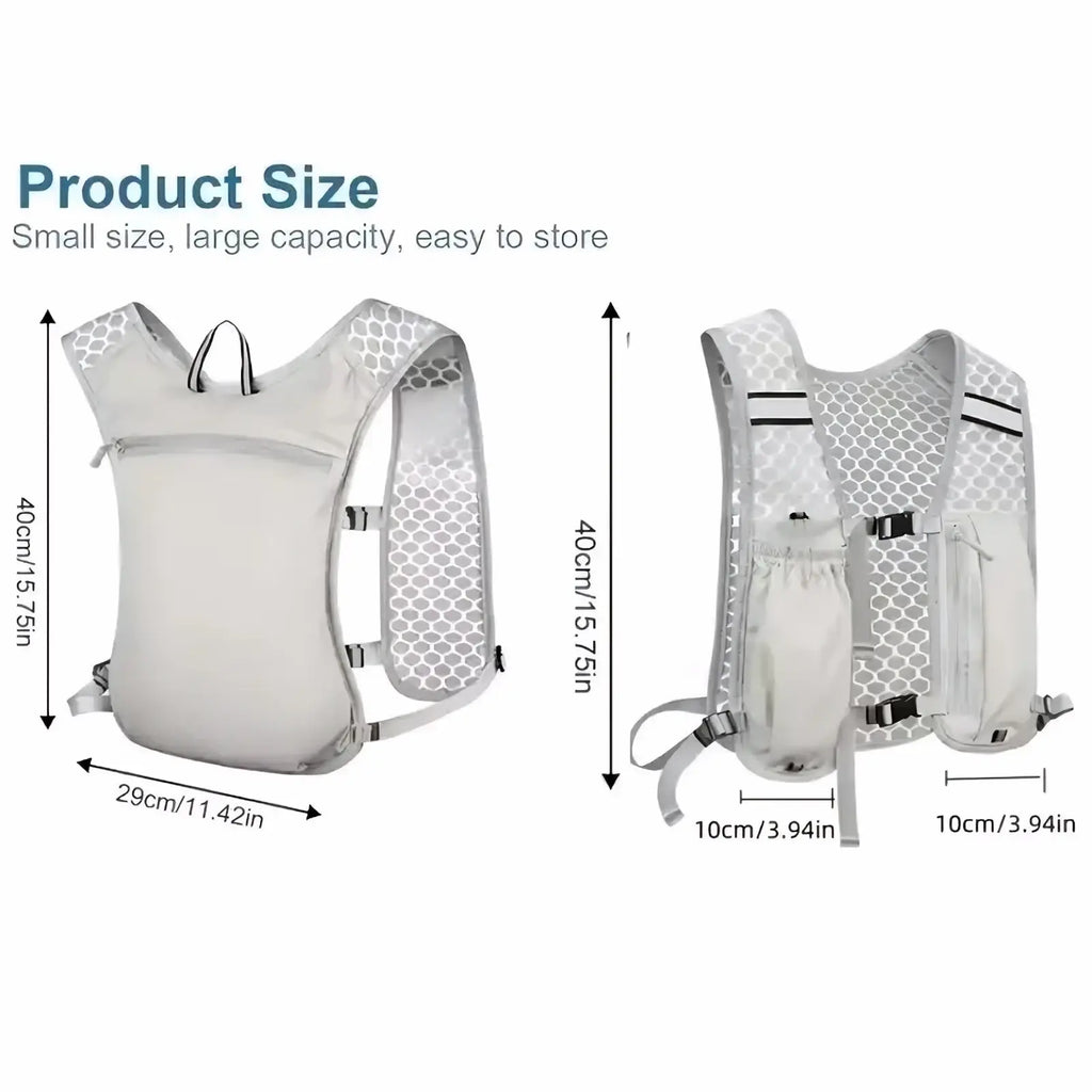 Light gray mesh-backed reflective hydration running vest with black trim and adjustable straps for women and men
