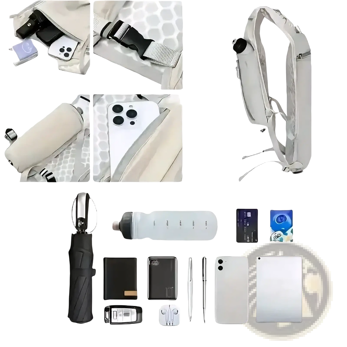 Light gray minimalist crossbody bag with adjustable strap and multiple compartments for everyday essentials