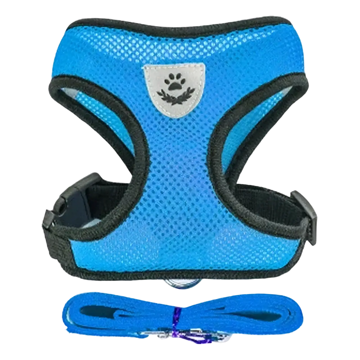 Reflective mesh cat harness and leash set in bright blue with black trim and silver paw print, adjustable for chest circumference