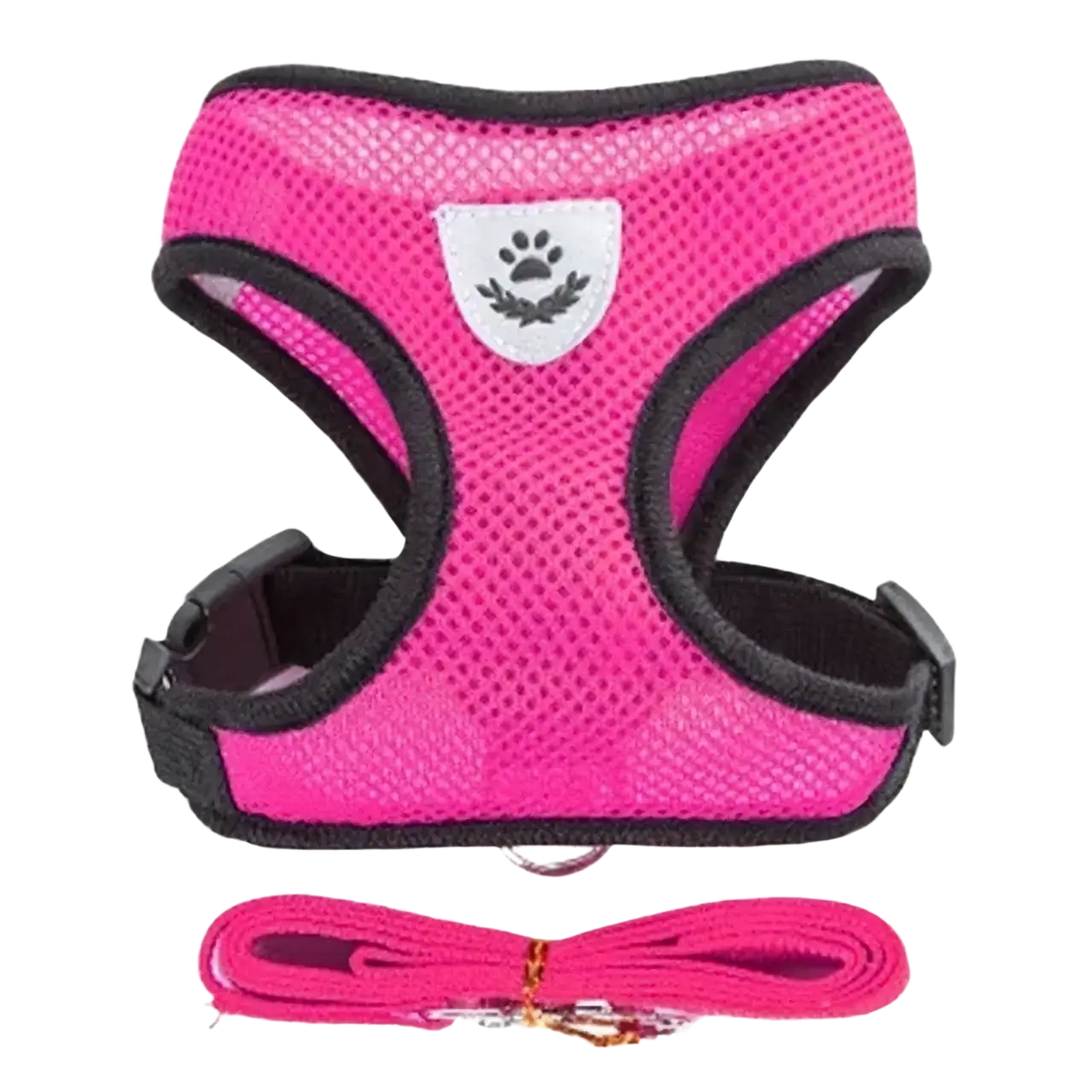 Bright pink reflective mesh cat harness with black trim silver paw print emblem and matching leash for chest circumference