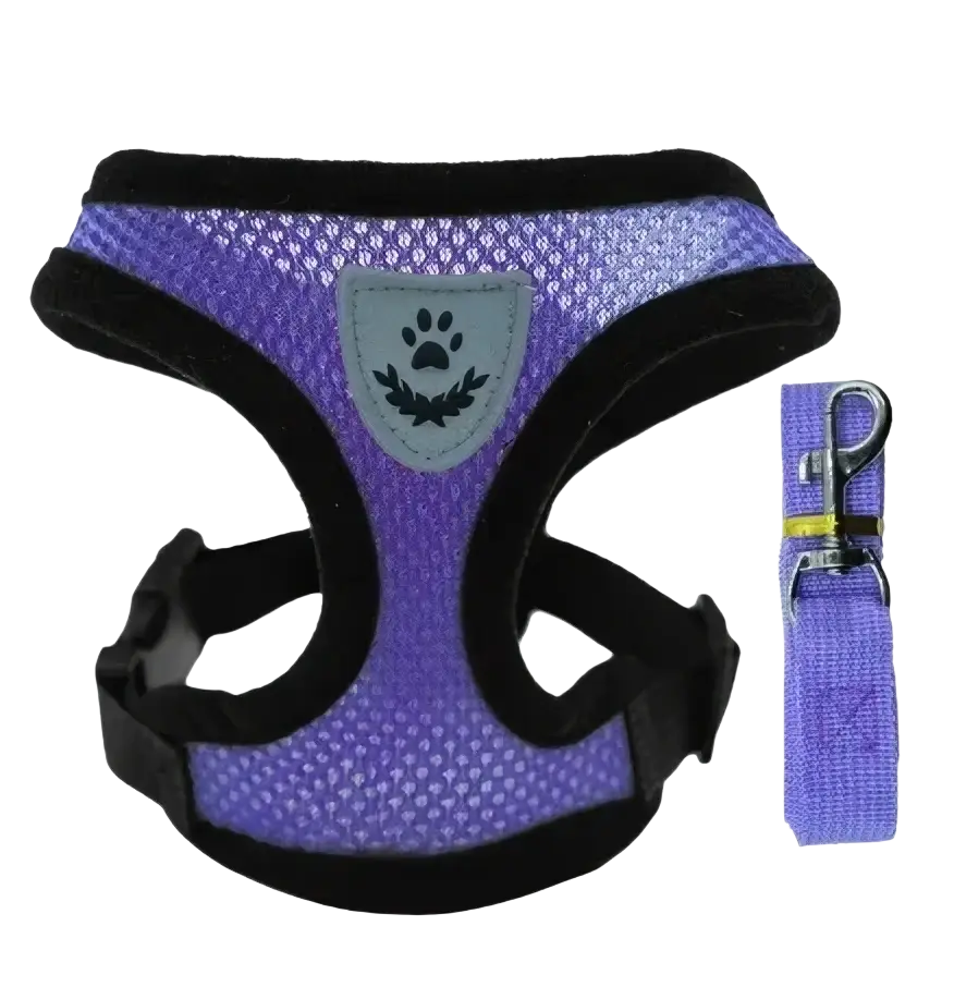 Purple reflective mesh cat harness and leash set with black trim, gray paw print emblem, suitable for chest circumference adjustments