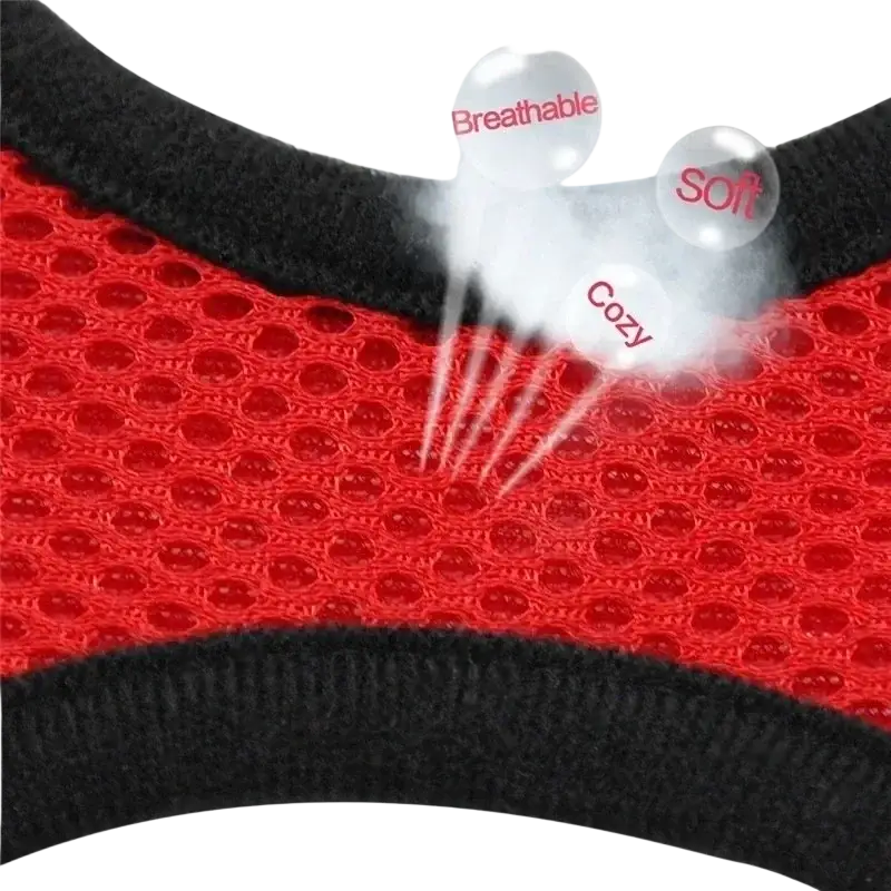 Red and black reflective mesh cat harness with breathable soft cozy design ideal for adjustable chest circumference