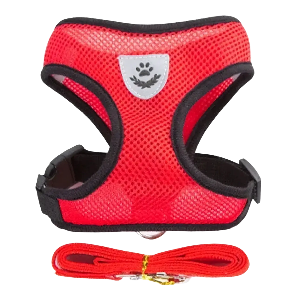 Reflective mesh cat harness and leash set in red with black trim and silver paw print emblem suitable for chest circumference adjustments