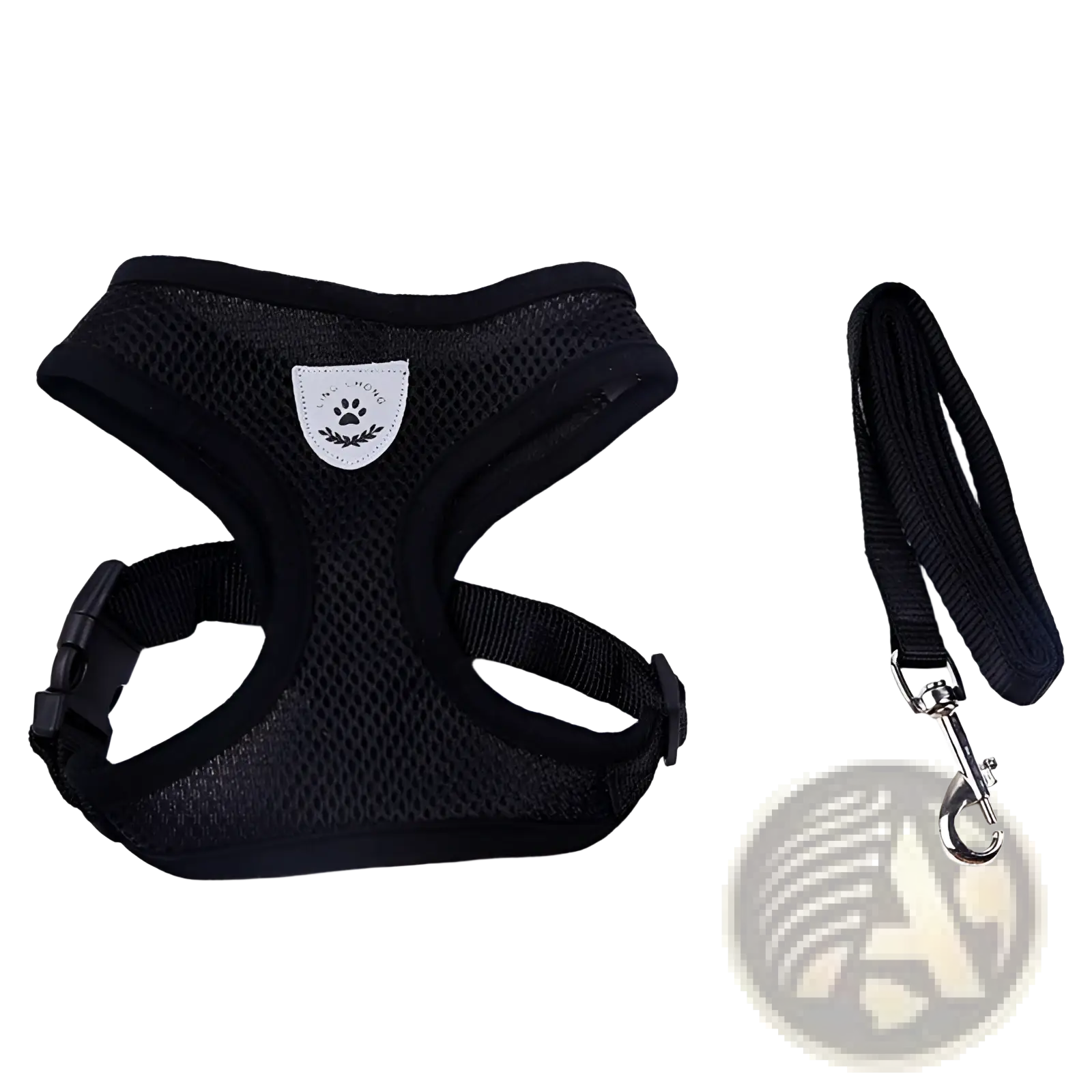 Reflective mesh dog harness with adjustable black mesh straps and silver paw-print logo paired with matching leash
