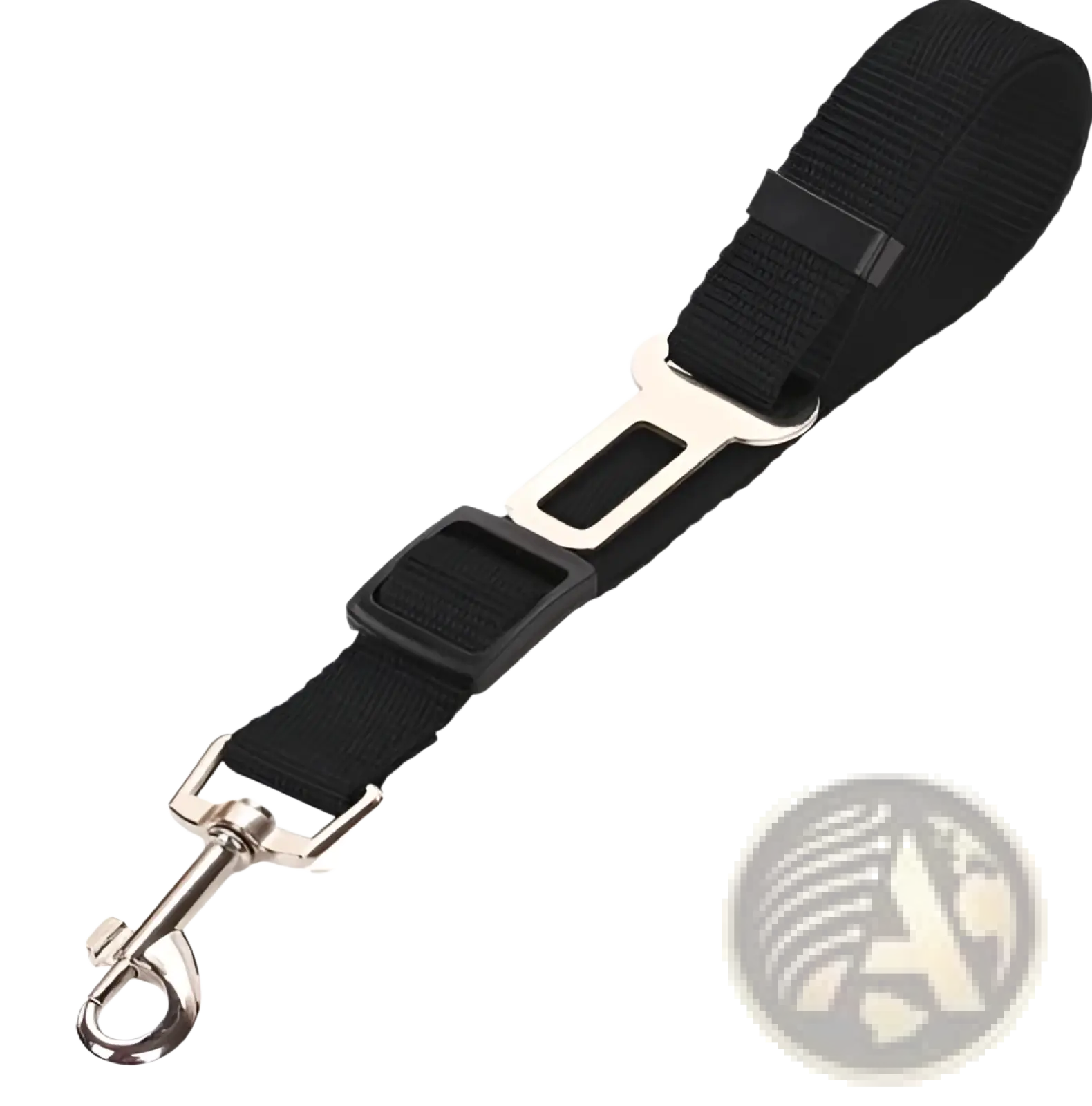 Black fabric car seat belt clip with silver metal buckle and hook for reflective mesh dog harness with leash set