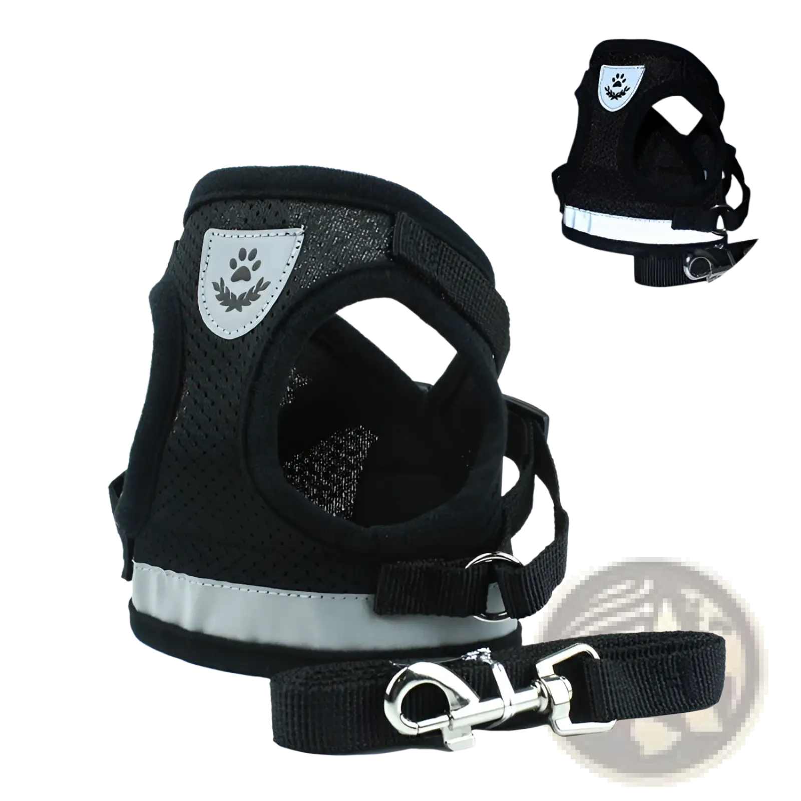 Black mesh reflective dog harness with silver strip and paw print emblem shown from the back side with leash set