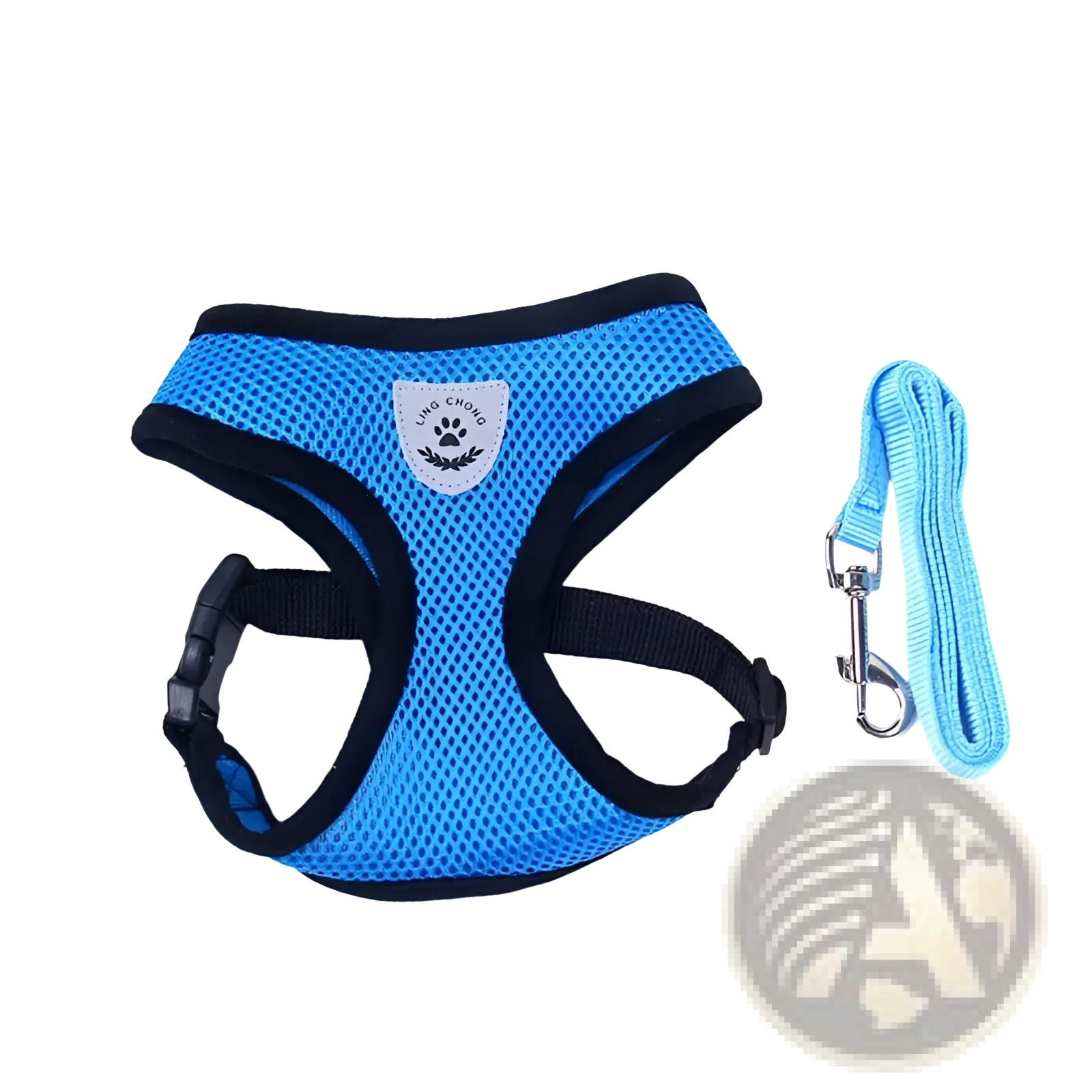 Reflective mesh dog harness with leash set in blue mesh and black trim featuring a silver paw print logo and matching light blue leash