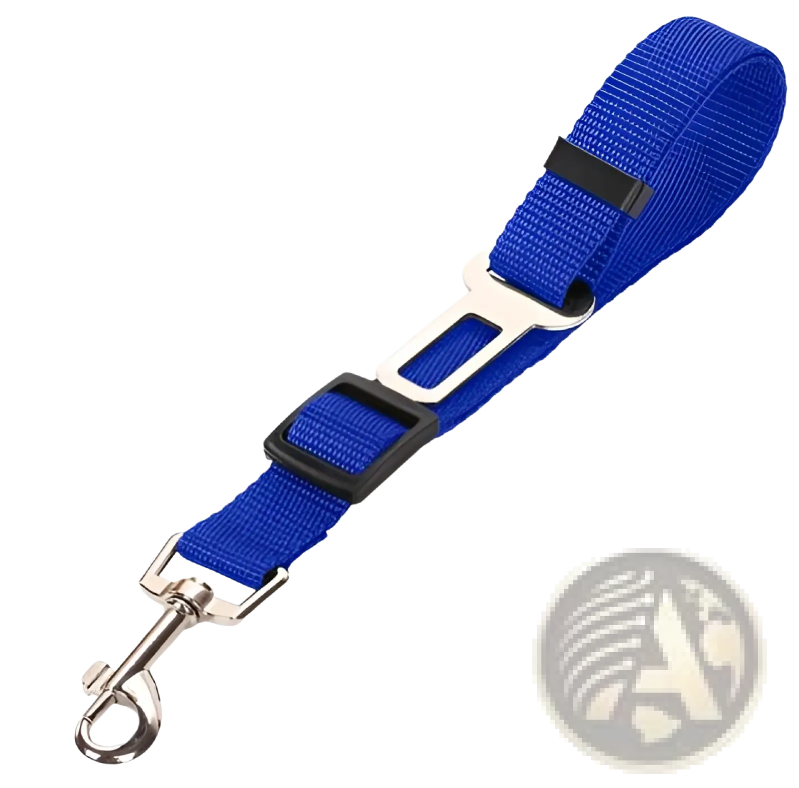 Blue woven fabric car seat belt clip with black plastic buckle and silver clasp for reflective mesh dog harness set