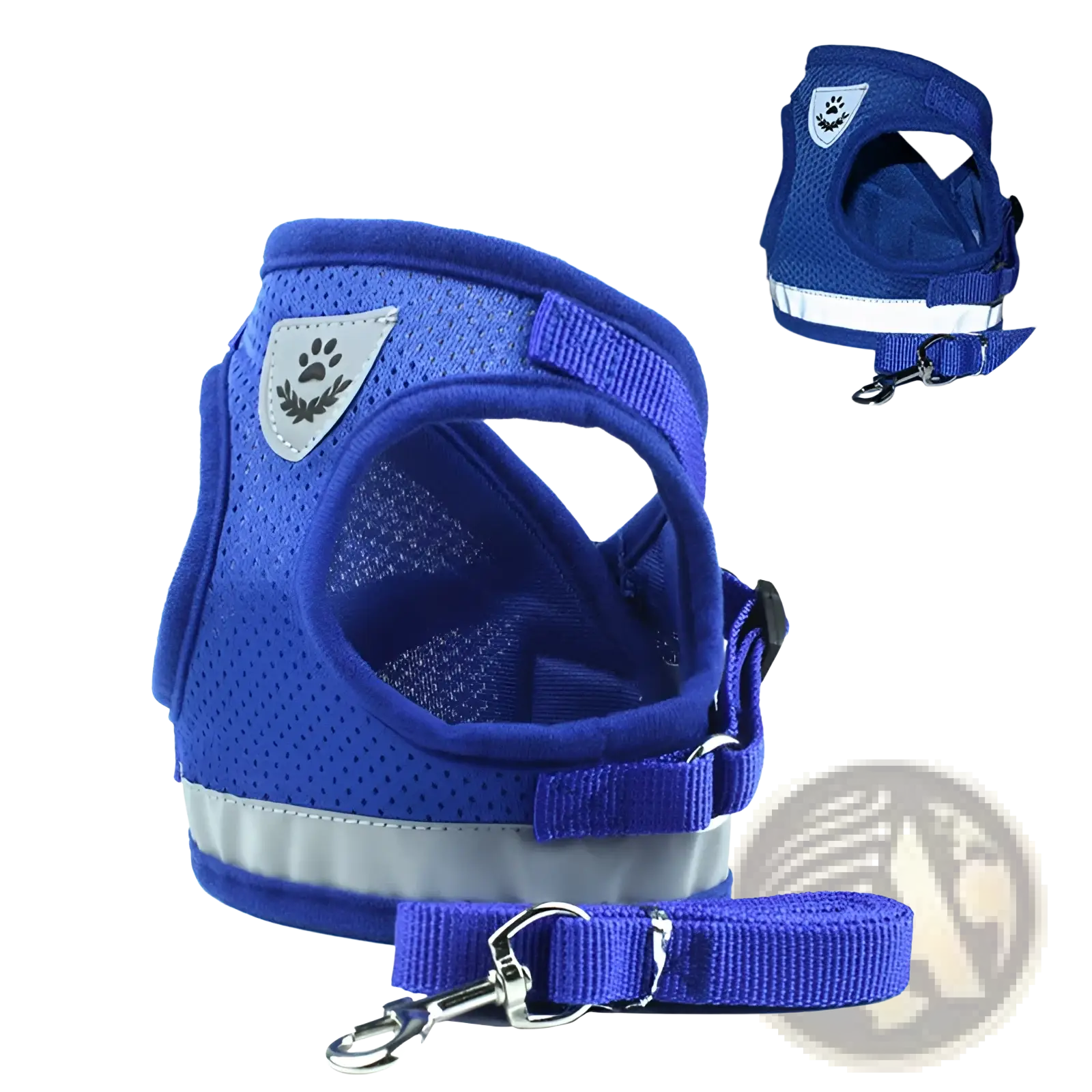 Reflective mesh dog harness in blue with silver paw print patch and reflective strip for enhanced visibility