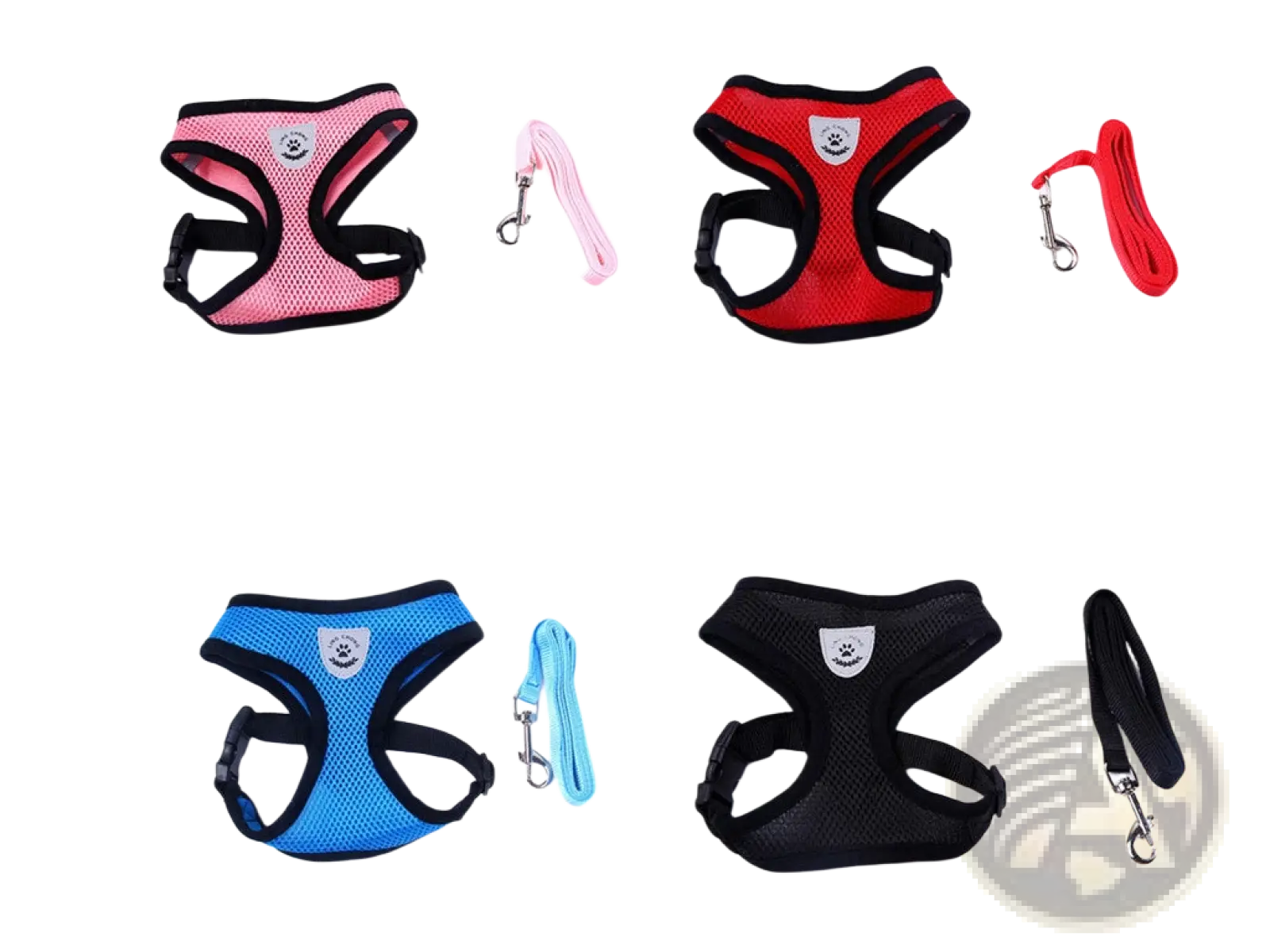 Reflective mesh dog harness with leash set in pink red blue and black with matching coordinating colors