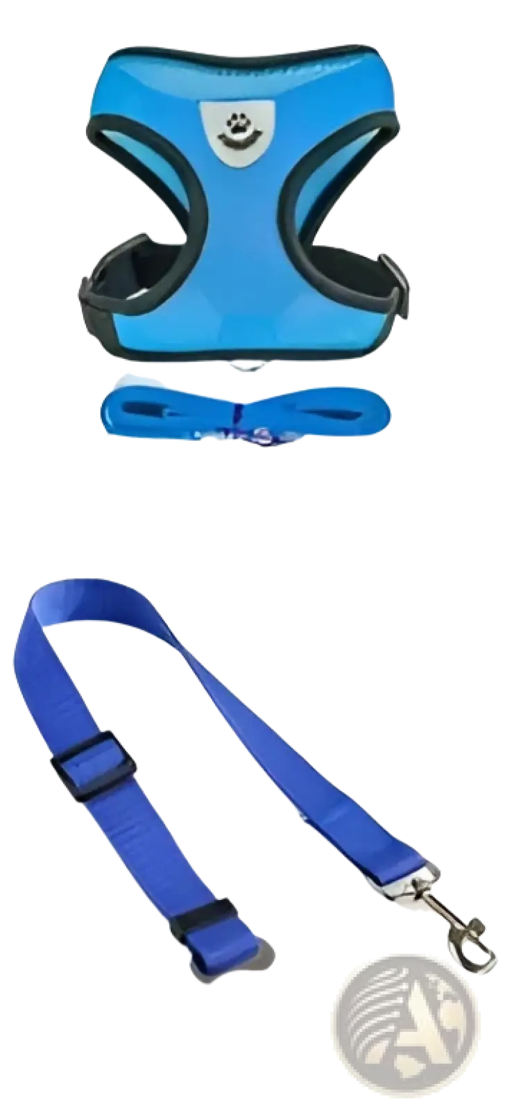 Reflective mesh dog harness with leash set in blue mesh with black trim and silver paw print logo