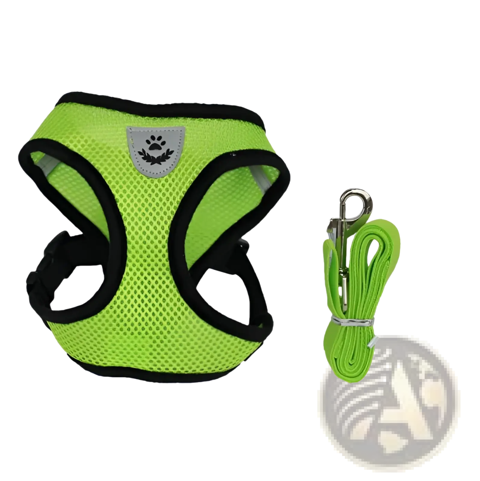 Reflective mesh dog harness set in bright neon green with black trim and silver paw-print emblem with matching leash