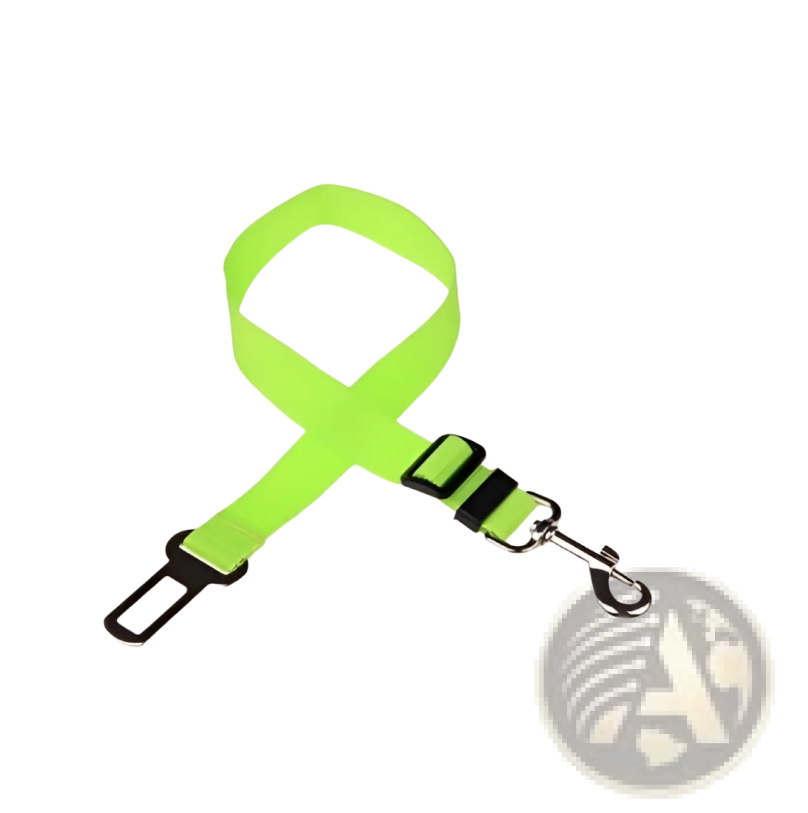 Bright neon green reflective mesh dog harness seat belt clip with black buckle and silver metal hook for safety restraint