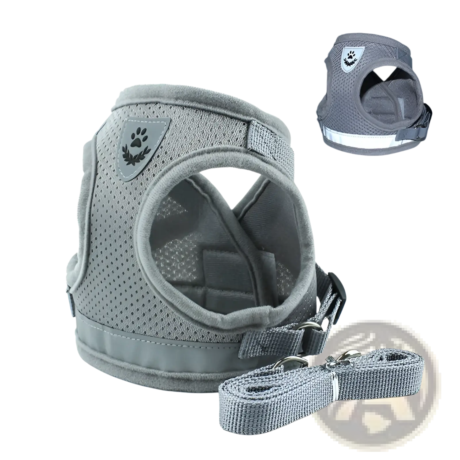 Gray mesh dog harness with reflective strip and paw print emblem designed for safety and comfort during walks