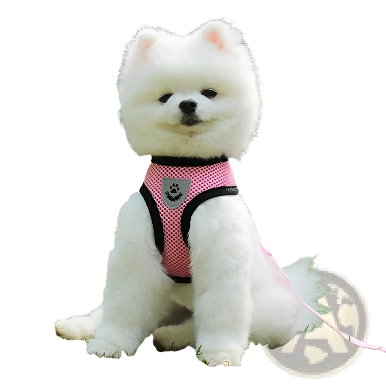 Reflective mesh dog harness in pink with black trim and silver paw print emblem for safety and comfort