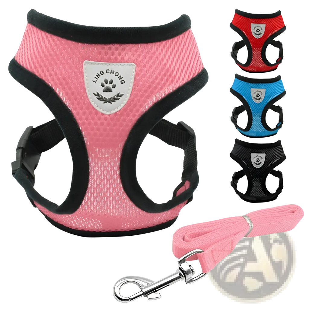 Reflective mesh dog harness with leash set in pink mesh with black trim and silver brand patch for safe walking