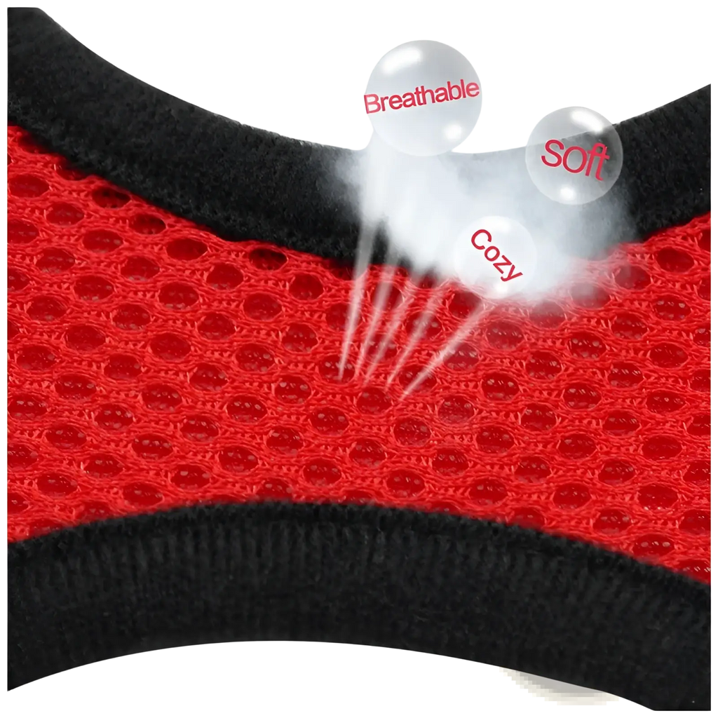 Reflective mesh dog harness with leash set in red mesh fabric with black trim featuring breathable soft texture