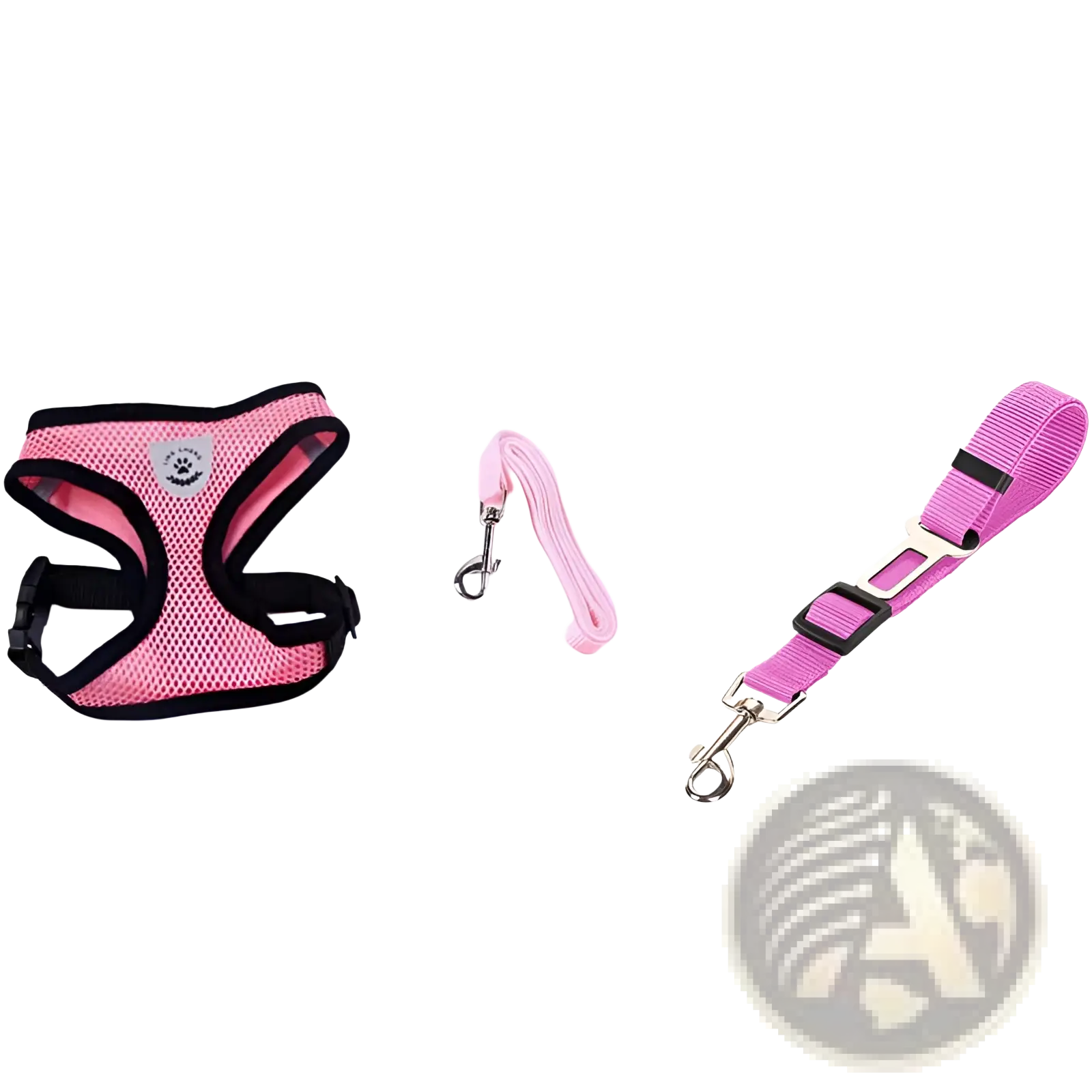 Reflective mesh dog harness with leash set in pink mesh with black trim silver paw logo and matching leash with car seat belt clip