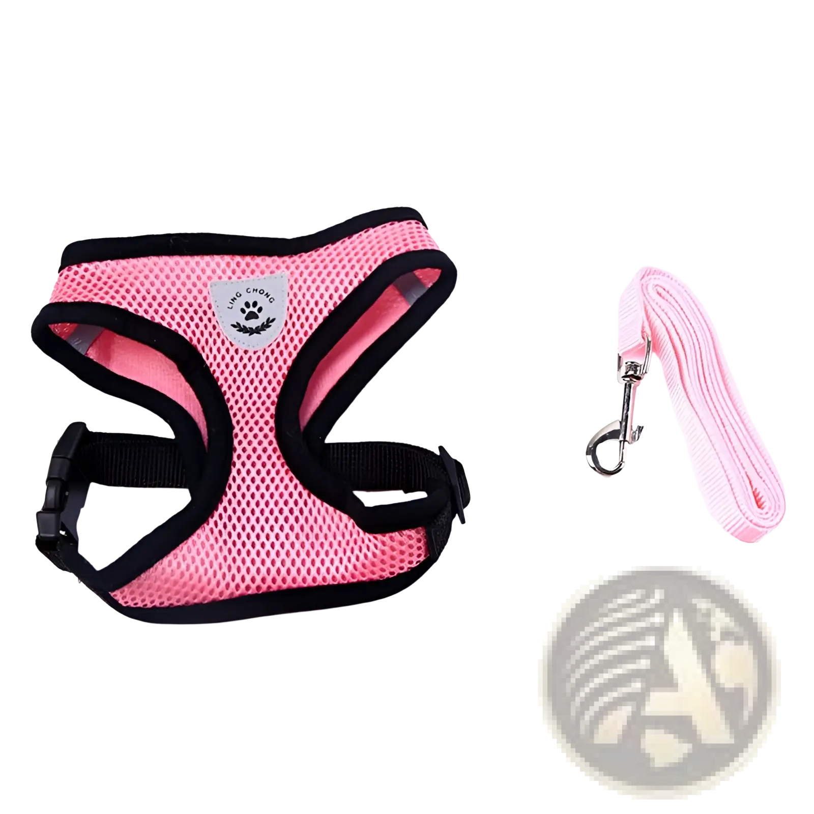 Reflective mesh dog harness with leash set in pink mesh and black trim featuring a silver brand patch