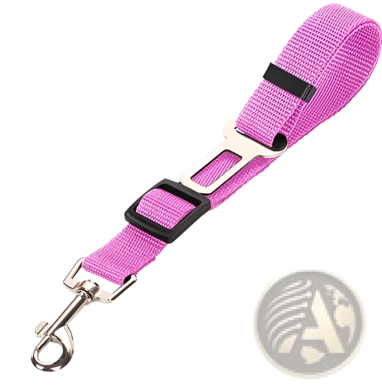Pink woven fabric car seat belt clip with black plastic buckle and silver metal clasp for reflective mesh dog harness set