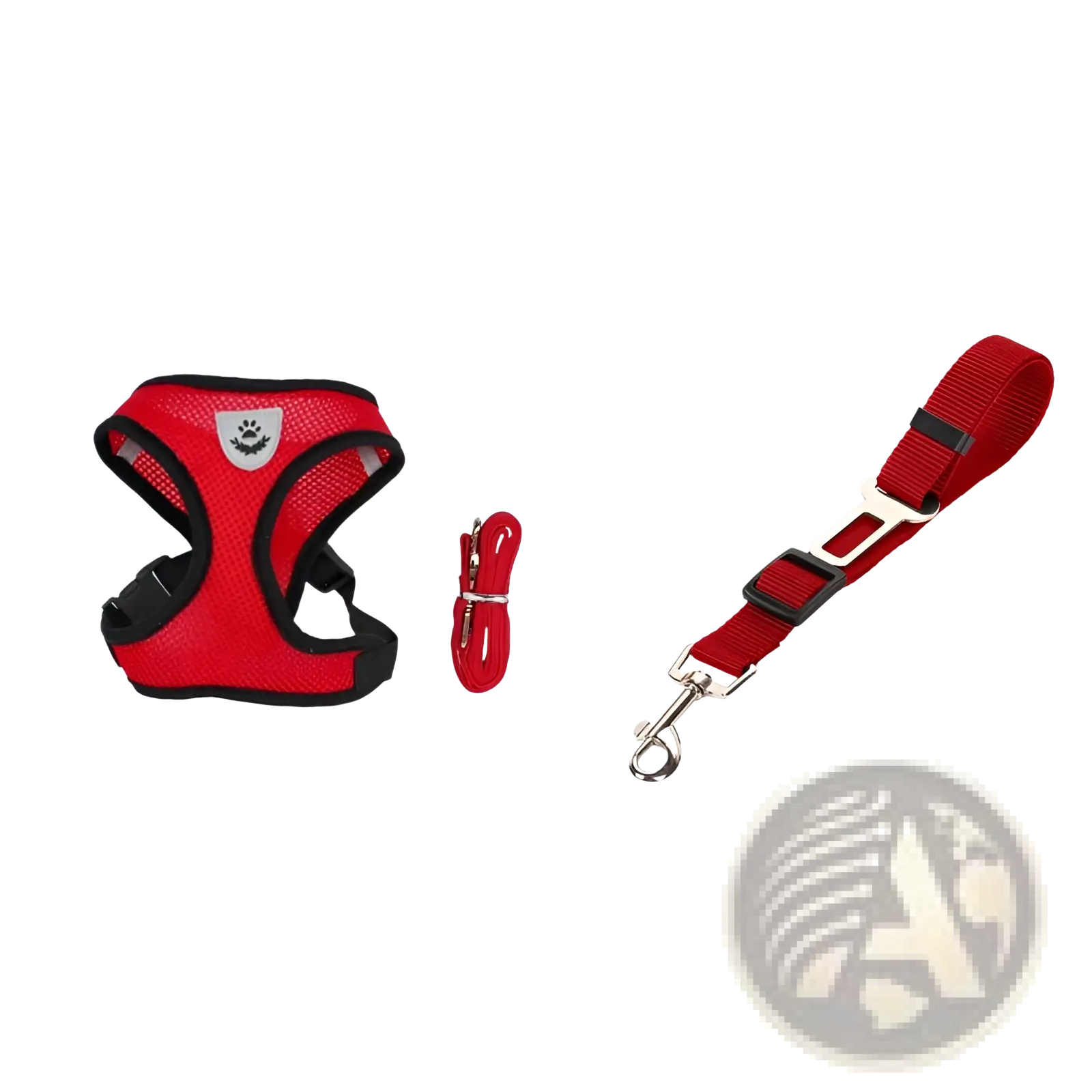 Reflective mesh dog harness with black trim and silver paw print logo in red with matching leash and car seat belt clip