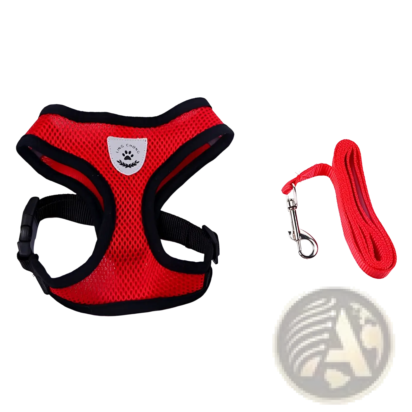 Reflective mesh dog harness with black trim and adjustable straps paired with matching red leash and silver clasp
