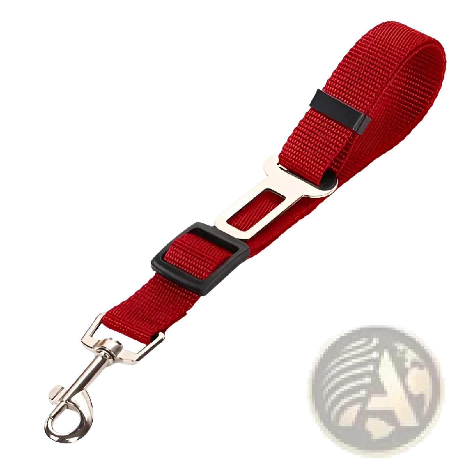 Red fabric car seat belt clip with black plastic buckle and silver metal clasp for reflective mesh dog harness set