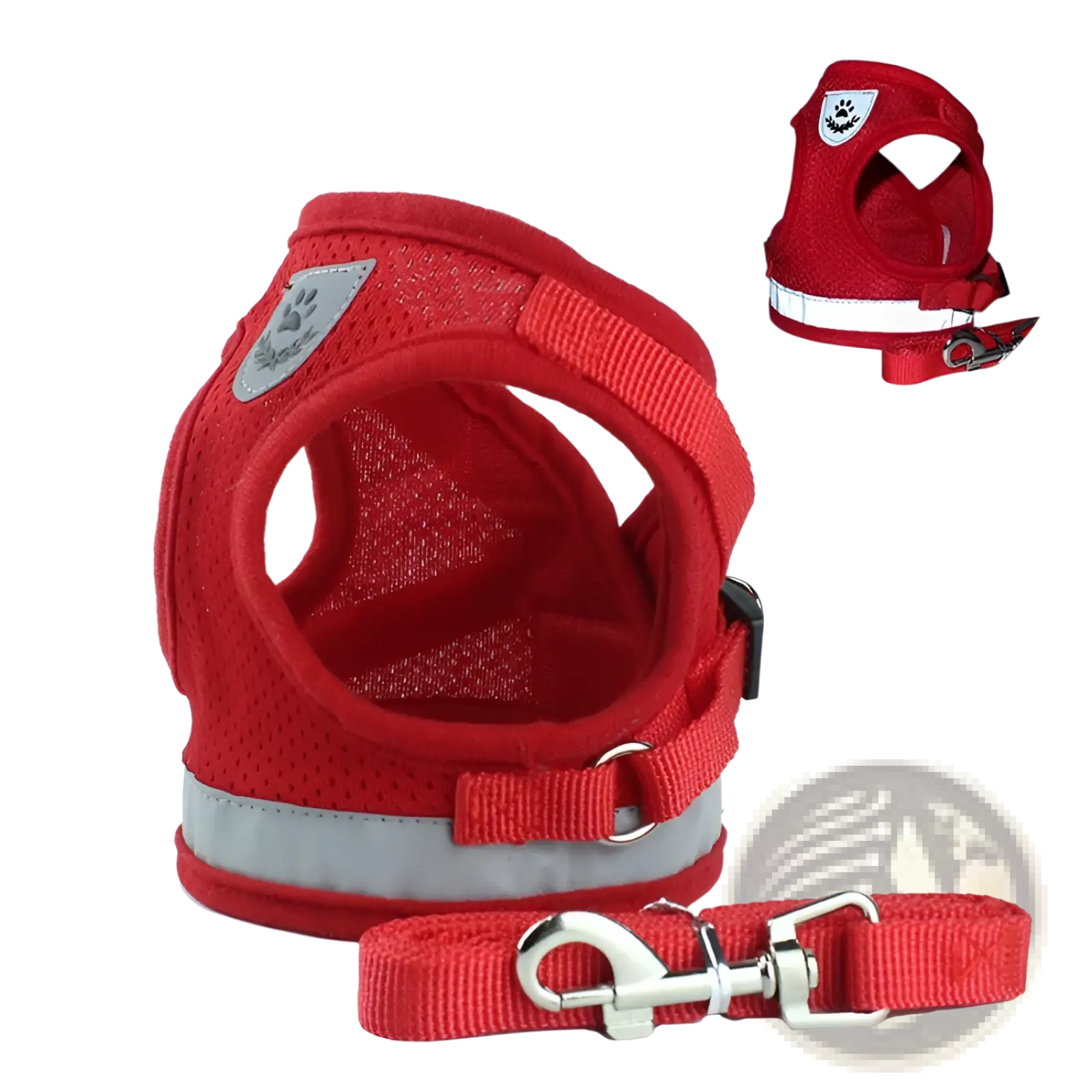 Reflective mesh dog harness with silver strips and matching red leash with sturdy metal clasp for secure walks