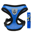 Reflective mesh pet harness and leash set in blue with black trim and gray paw print emblem featuring silver hardware