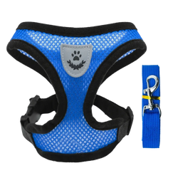 Reflective mesh pet harness and leash set in blue with black trim and gray paw print emblem featuring silver hardware