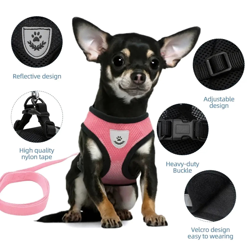 Reflective mesh pet harness in pink mesh with black trim and reflective paw patch for enhanced visibility