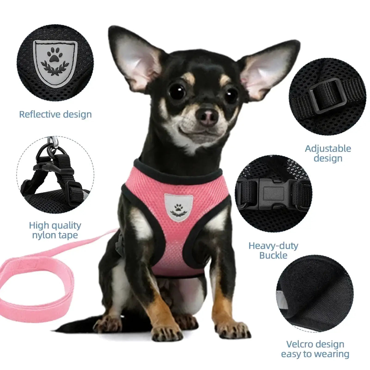 Reflective mesh pet harness in pink mesh with black trim and reflective paw patch for enhanced visibility