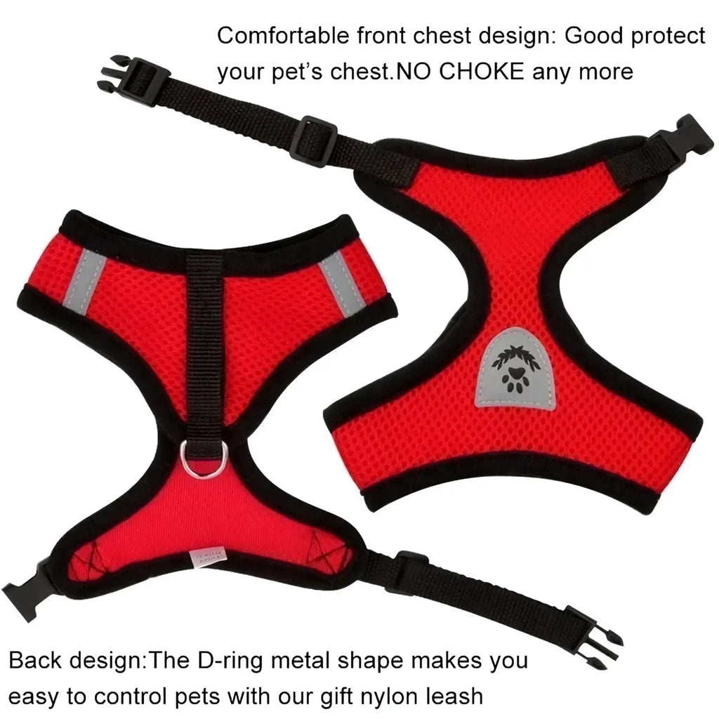 Red mesh pet harness with black trim and reflective strips featuring gray paw print logo for safety and comfort