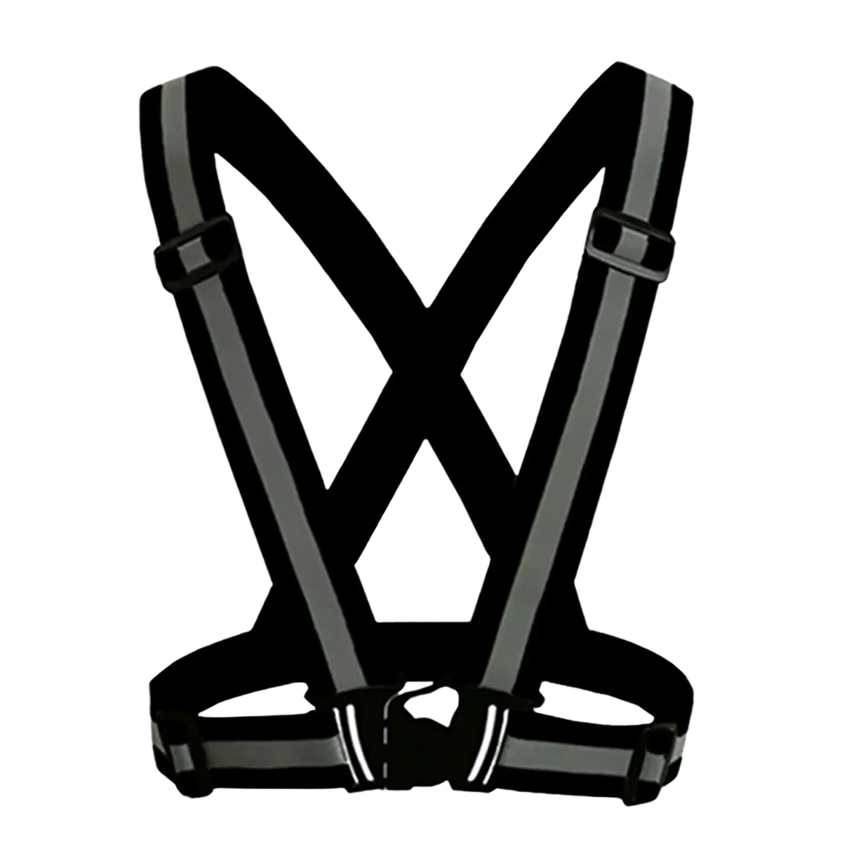 Black reflective motorcycle safety vest with gray reflective strips and adjustable straps shown from the back side