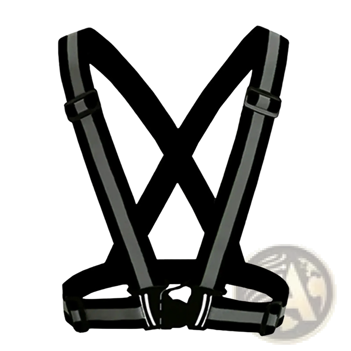 Black reflective motorcycle safety vest with gray reflective strips and adjustable straps shown from the back side