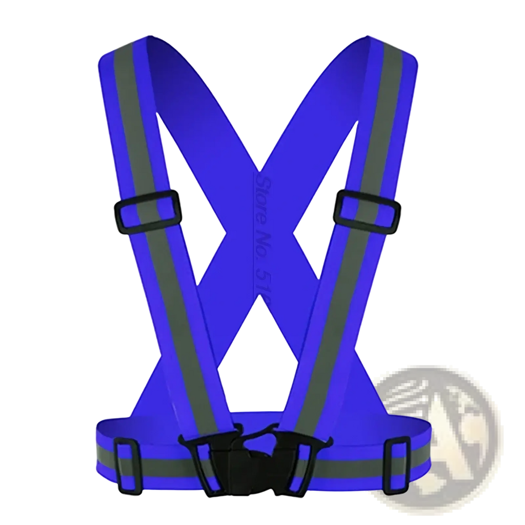 Reflective motorcycle safety vest in bright blue with gray reflective strips and black plastic buckles for visibility