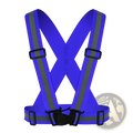 Reflective motorcycle safety vest in bright blue with gray reflective strips and black plastic buckles for visibility
