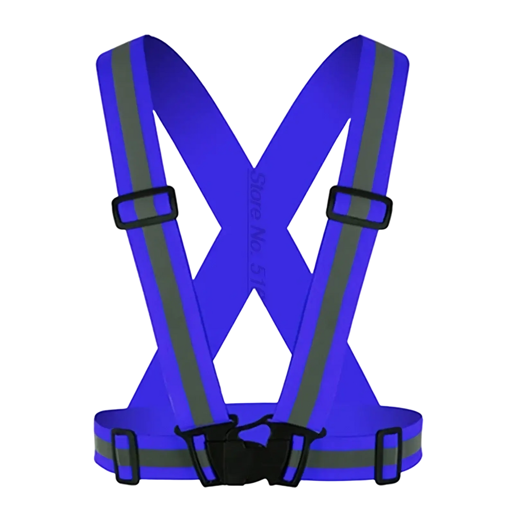 Reflective motorcycle safety vest in bright blue with gray reflective strips and black plastic buckles for visibility