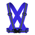 Reflective motorcycle safety vest in bright blue with gray reflective strips and black plastic buckles for visibility