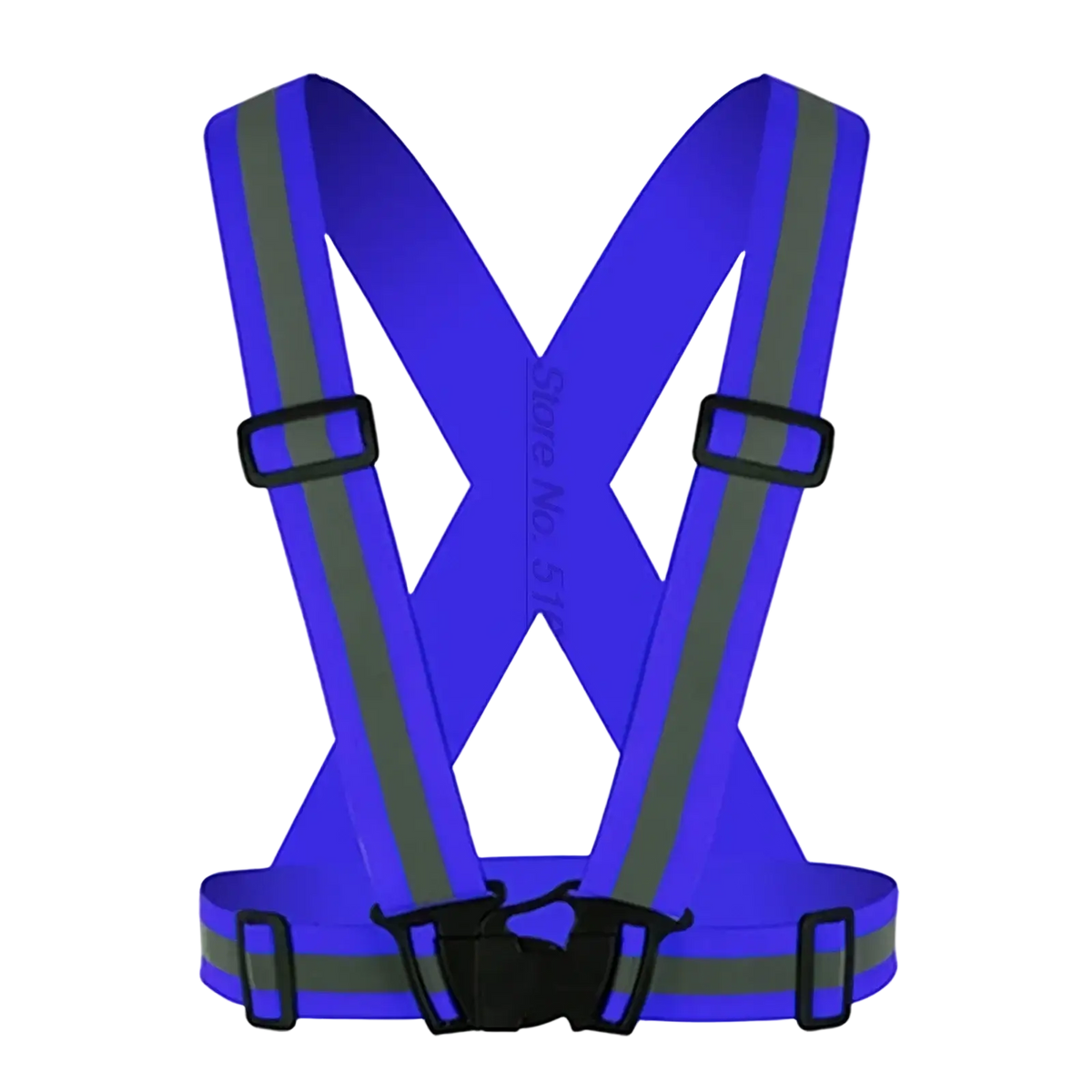 Reflective motorcycle safety vest in bright blue with gray reflective strips and black plastic buckles for visibility