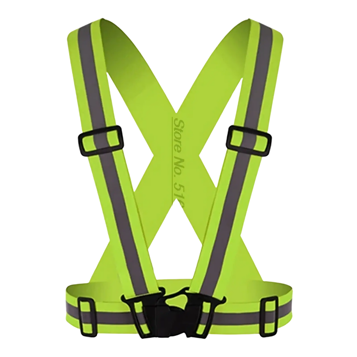Bright lime green reflective motorcycle safety vest with black adjustable straps and buckle closures for visibility