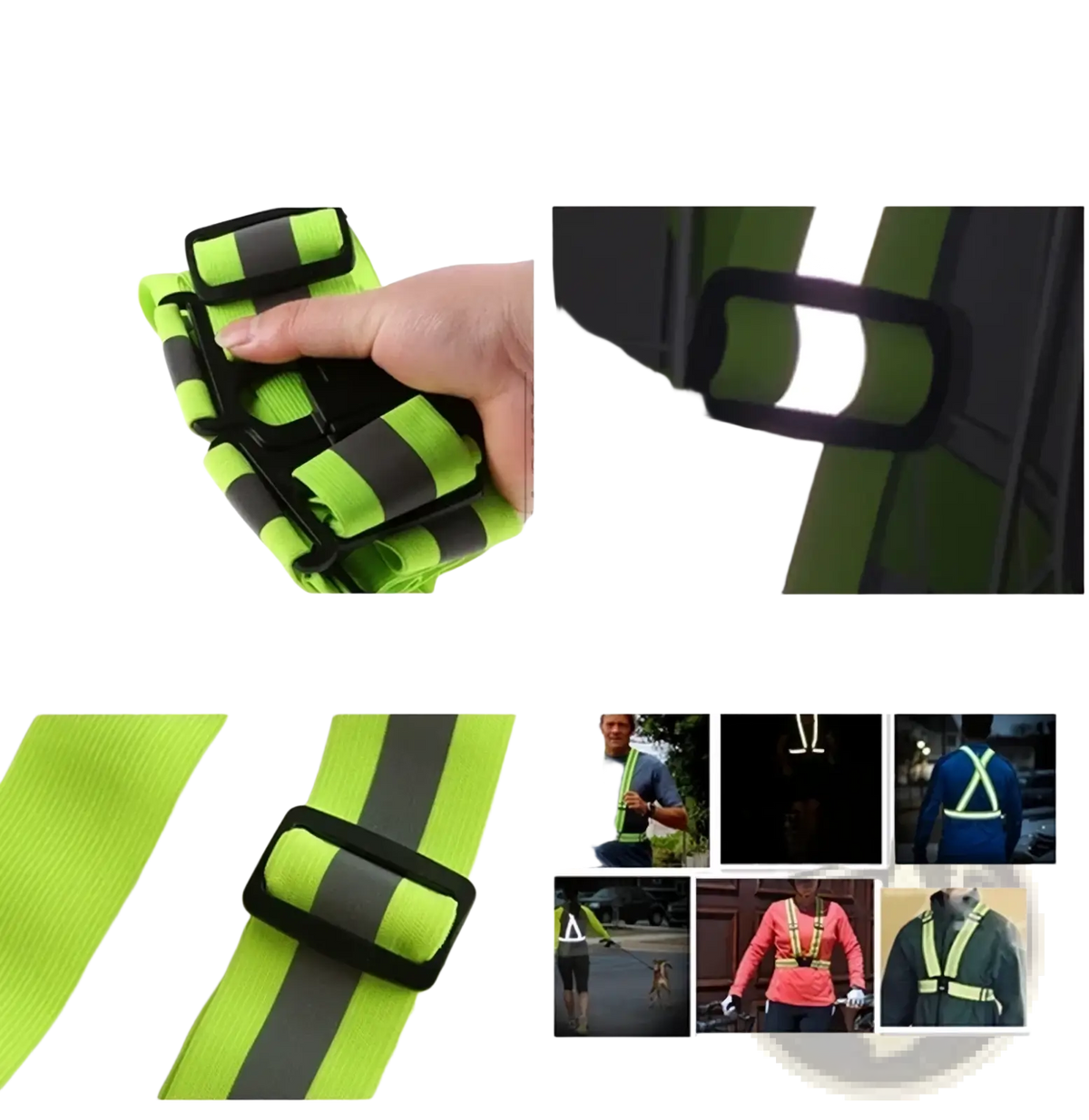 Reflective motorcycle safety vest adjustable gear with bright neon green reflective belt, black buckle, and gray strip