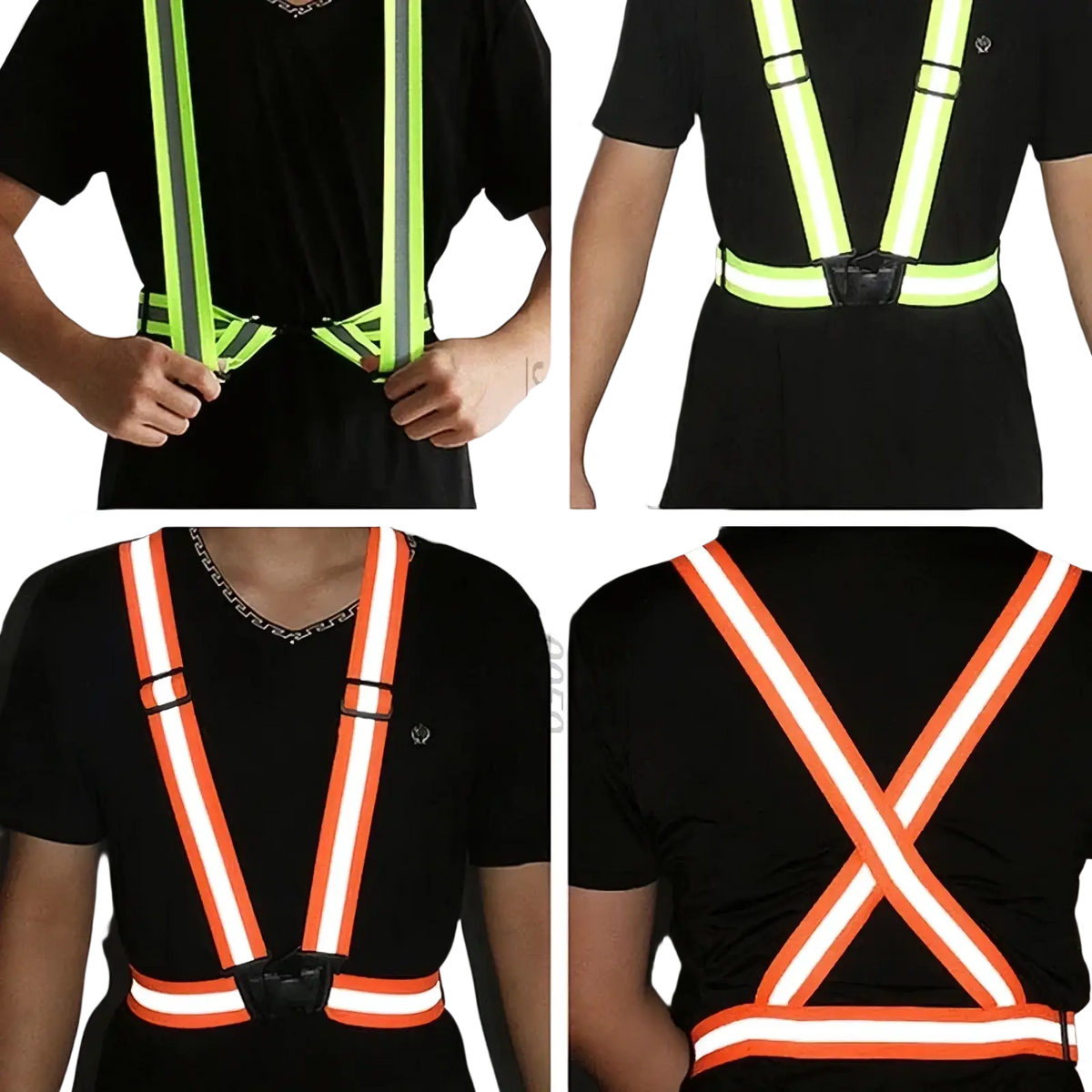 Reflective motorcycle safety vest in bright neon green and orange with adjustable straps and central buckle for visibility