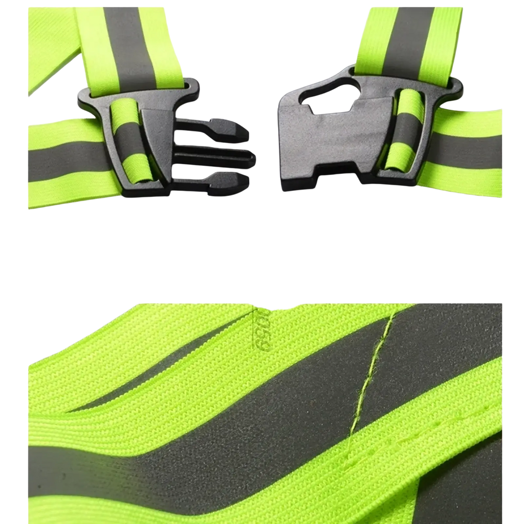 Bright neon green reflective motorcycle safety vest straps with black buckles and gray reflective stripes for visibility