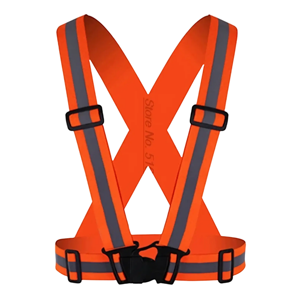 Reflective motorcycle safety vest in bright orange with gray reflective stripes and black plastic adjustable buckles
