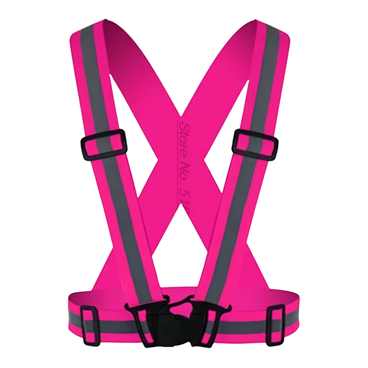 Bright pink reflective motorcycle safety vest with gray stripes and black buckles adjustable for secure fit