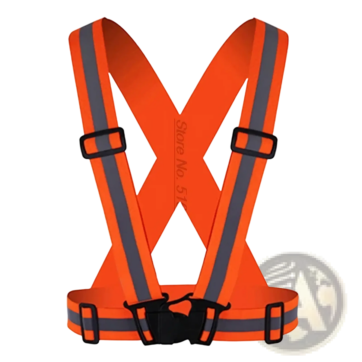 Reflective motorcycle safety vest in bright orange with gray reflective stripes and black plastic adjustable buckles