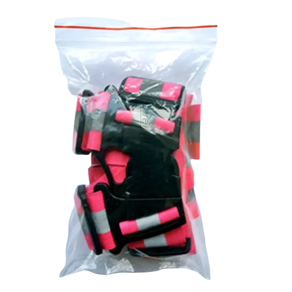 Reflective motorcycle safety vest adjustable gear with pink and black reflective straps and gray reflective strips in clear bag